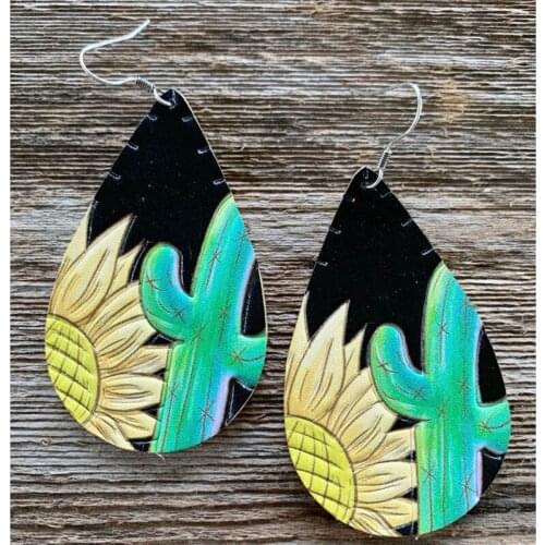 New Faux Leather Stamped Sunflower And Cactus Earrings