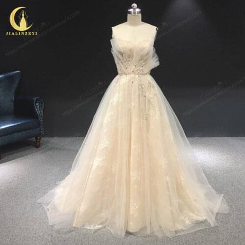 Rhine Real New Sexy Strapless Ruffle Beads A-Line With Lace Champagne Bridal Wedding Dresses 2021