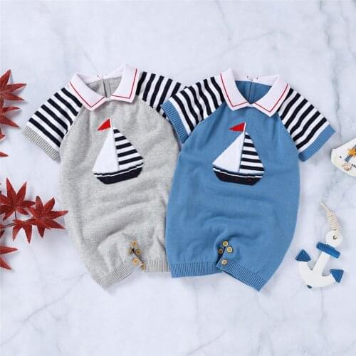 Newborn Kids Boys Girls Rompers Cartoon Button Closure Striped Patchwork Short Sleeve Knitted Cotton Jumpsuits Outfits 0-18