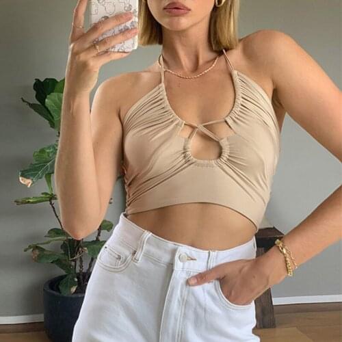 Solid Sexy Crop Tops Front Cross Halter Neck Women Vest Fashion Casual Slim Short Tank Top Backless Summer Camisole Female Shirt