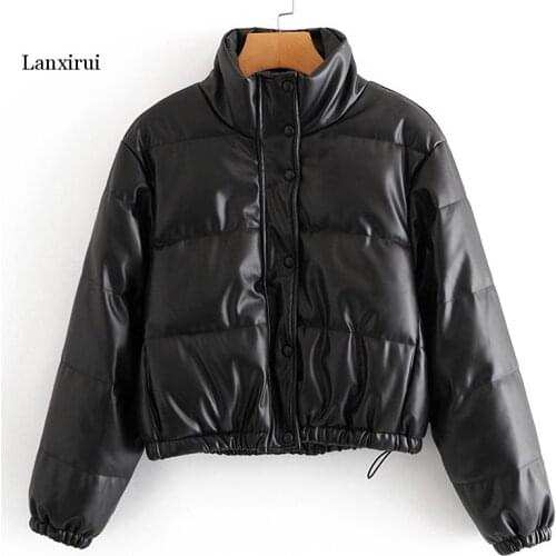 Casual Stand Collar Parkas Women Fashion Black Coats Women Elegant PU Leather Short Cotton Jackets Female Ladies