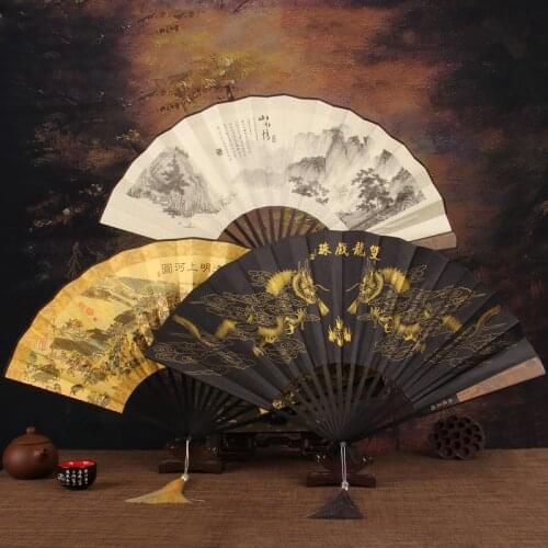 Retro style mens big folding fan with fan tassel Portable daily decorative hand fan Laser engraving fan bone Durable hand fan