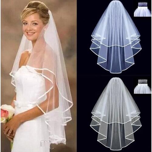Vestidos Elegant Wedding Accessories Tulle Illusion Two Layer Ribbon White Lvory Edge Bridal Veils