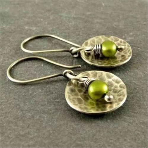 Vintage Gold Metal Circle Olive Green Pearl Drop Earrings For Women Ethnic Tribal Cute Dangle Earings Wedding Pentientes Mujer