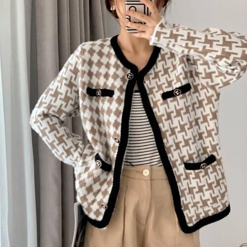 New Houndstooth Womens Jacket O-neck Long Sleeve Single Breasted Vintage Jackets Coat Casual Elegant Outwear Spring Autumn