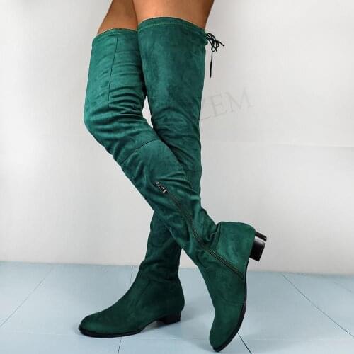 LAIGZEM Faux Suede Women Over Knee Boots Zip Low Heels Boots Thigh High Basic Boots Winter Shoes Botines Botas Size 48 50 51 52