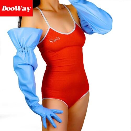 DooWay Women Opera Leather Gloves PU Upper Arm Length Elastic Cuff Oversize Gathered Sleeve Blue