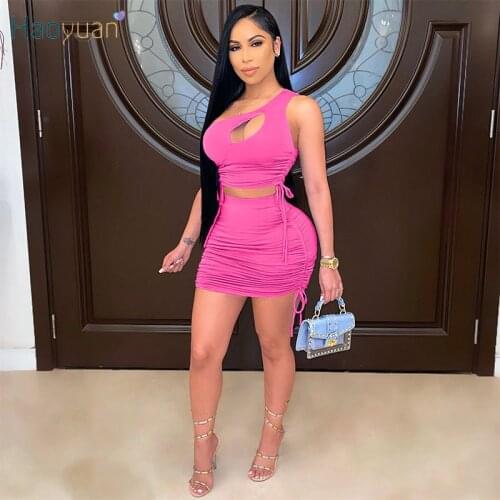 HAOYUAN Sexy Two Piece Set One Shoulder Hollow Crop Top Draped Bodycon Mini Dress for Women Vacation Outfits Club Matching Sets