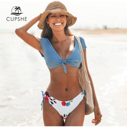 CUPSHE Bow-knot Cap Sleeve Tank Low-waist Bikini Sets Swimsuit Women Sexy Blue Floral Two Pieces Swimwear 2021 Bathing Suits