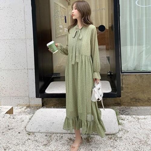 Bella philosophy Loose Bow-neck Floral Women Dress Long-sleeve Ruffles Chiffon Female Dress Flare Sleeve Long Vestidos Femme