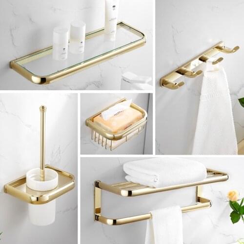 Gold Bathroom Hardware Accessory Series Brass Towel Rack/Ring Paper/Toilet Brush Toothbrush Cup Holder Corner Shelf Soap Dish