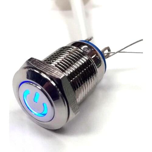 1pcs 12V LED 12mm Flat Head Power Supply Sign Light Reset switch Switch Waterproof Metal Button Switch Blue Light 5PIN Metal Swi