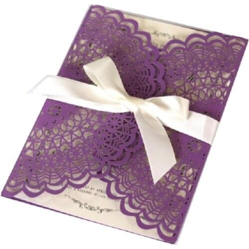 50pcs Dark Purple Laser Cut Business Invitation Invites Cards Birthday Thanksgiving Card Wedding Invitations Card holder