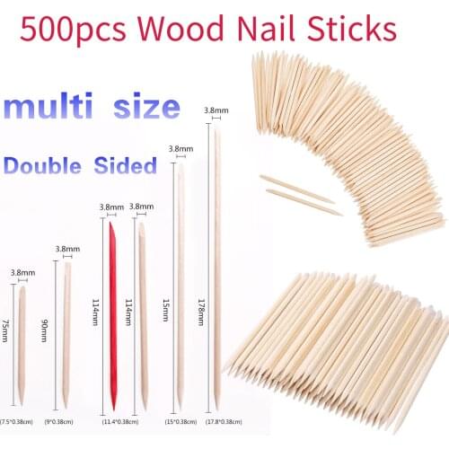 500 Pieces Multi Size Orange Wood Nail Sticks Double Sided Wood Cuticle Pusher Remover Manicure Pedicure Tool for Home and Salon