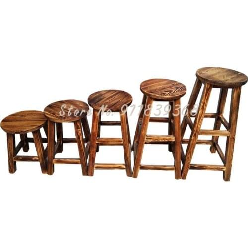 Solid Wood Bar Chair, Leisure Bar Stool, Wooden High Stool, Bar Stool, Retro Bar Stool, Carbonized Household Round Stool, Wooden