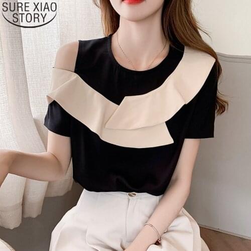Blusas Mujer De Moda 2021 Short Sleeve Chiffon Shirt Women 2021 Summer New Elegant Off Shoulder Blouse Sweet Ruffles Tops 15221