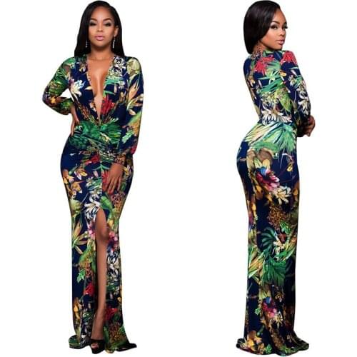 Bohemian Printing Bohemian Maxi Dresses for Women Long V Neck Summer Beach Dresses Long Sleeve Sexy Vestidos BC630