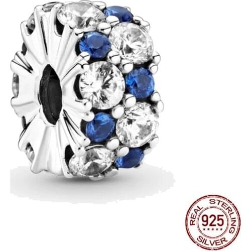 Newest 925 Sterling Silver Blue & Clear Sparkle Charm Fit Original Pandora Bracelets Women Party Jewelry Gift