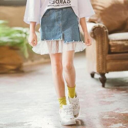 Girls Jean Short Skirt 2021 Summer New Korean Version of The Childrens Lace Splicing Skirt Big Children Western Clothing