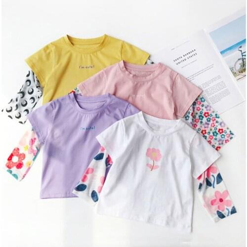 Baby Girls Fake Two Pieces T-shirts Children Cotton Print Flower Long Sleeve Sun Protection Clothing Kid Summer Clothing Top Tee