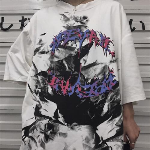 Punk Gothic T-shirts Loose Streetwear Harajuku Whirlpool Print Summer Female Short Sleeve Casual Vintage women black tees brandy