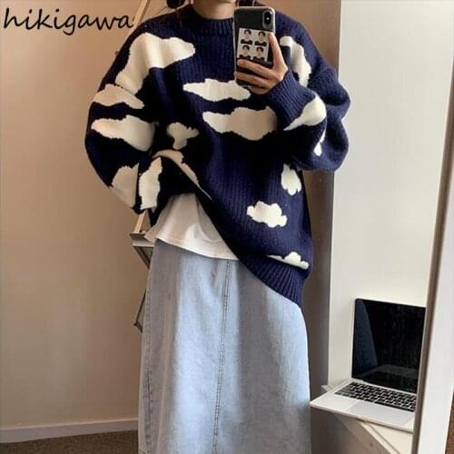 Hikigawa Fall 2021 Women Clothing Korean Pullovers Cloud Jacquard Knitted Sweater Jacket Fashion Oversized Outwear Tops Mujer