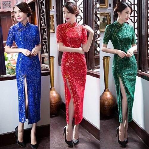 Fashion vintage Shanghai story cheongsam style party dress women sexy vestido,one piece blue,green,red slim long summer dress
