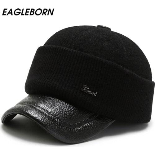 New Winter Hat Men Baseball Cap Dad Hat Stitching PU Baseball Hat Winter Warm Folding Woolen Ear Mask Cotton Russian Hat for Men