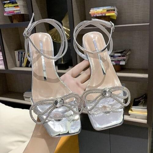 2021 New Square Toe Rhinestone Bow Sandals Ankle Strap Ins Net Red Fairy High Heels Sexy Party Women Bling BIing Sandals