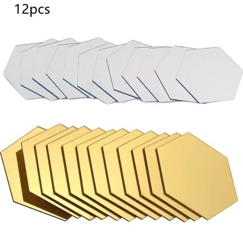 12pcs Self Adhesive Reflective Hexagon Shape Stereo Mirror Wall Stickers Mirrors Wall Mirror Decals Decoration For Home