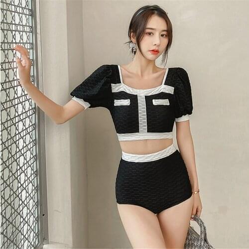 Sexy High Waist Bikini Women Solid Black Swimwear Short Sleeve Biquini Puff Swimsuit Crop Top Pads Bathing Suit Tummy Control