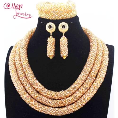 Champagne Nigerian Wedding African Beads Jewelry Set Handmade Dubai Bridal costume jewelry Necklace Bracelet Earrings N0002