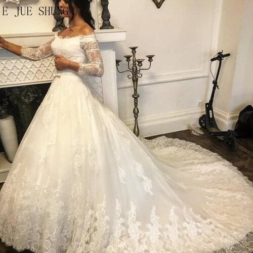 E JUE SHUNG White Vintage Lace Wedding Dresses Long Sleeves Off Shoulder Bow Sash Lace Up Back Bridal Gowns vestido de noiva