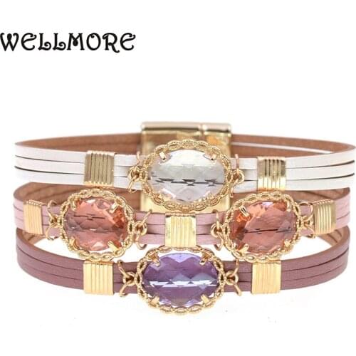 WELLMORE women bracelet bohemia leather bracelets for women fashion glass charm bracelets & Bangles Female Jewelry