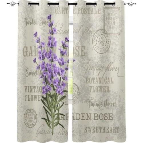 Lavender Purple Flowers Leaves Retro Window Curtains Dark Bedroom Fabric Indoor Print Curtain Panels With Grommets Window