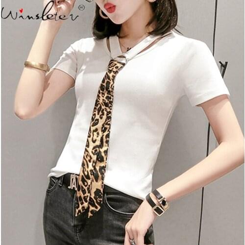 Necktie Tee Women Summer Cotton Basic Tops Short Sleeve V Neck Casual Solid Color Tshirt 2020 New Fashion топ женский T05307B
