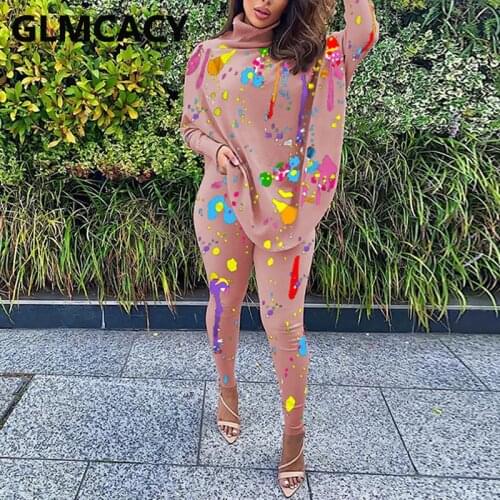 Women Two Piece Causal Printed Suits Batwing Sleeve Turtle Neck Top & Skinny Pants Set