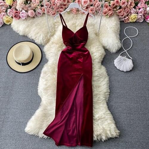 2021 Spring Women Velvet Suspender Bra Dress Slim Show Atmosphere Celebrity Temperament Fashion Split Virtual Party Clothing