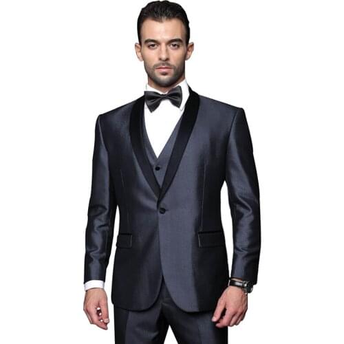 ANNIEBRITNEY Grey Satin 3 Piece Formal Men Suit Set Slim Fit 2020 Groom Wedding Tuxedo Tailor Made Grey Satin Prom Wedding Suit