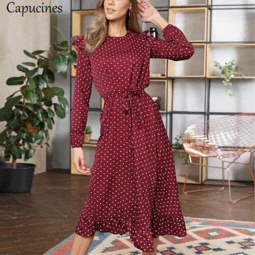 Capucines Polka Dot Print Ruffles Midi Dress Women Autumn Long Sleeve O Neck Sashes Casual Maxi Dress Female Vestidos