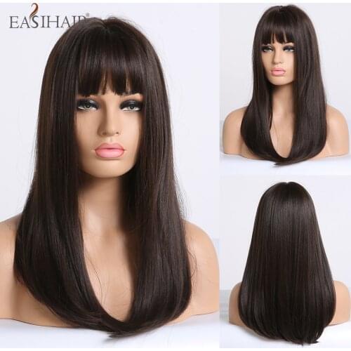 EASIHAIR Long Straight Synthetic Wig with Bangs Dark Brown Wigs for Women Nature Wigs High Temperature Fiber Hair Wigs