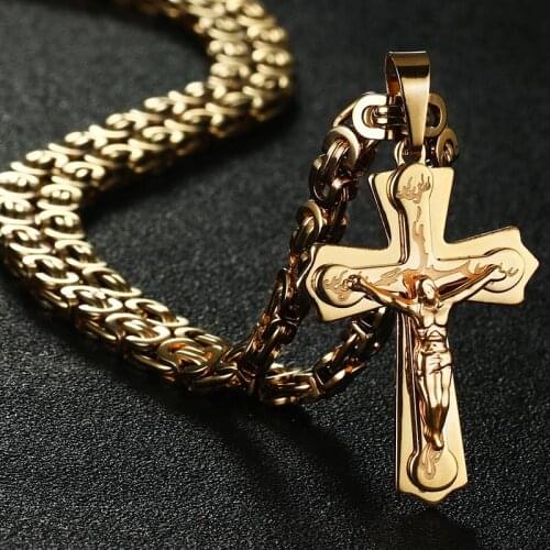 Catholic Crucifix Pedant Necklaces Gold Stainless Steel Necklace Thick Metal Neckless Unique Men Fashion Jewelry Bible Hot Chain