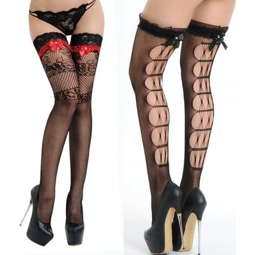 2-1Pcs Hollow Out Sexy Tights Sexy Lace Stockings Women Thigh High Fishnet Embroidery Transparent Pantyhose Nylon Stockings
