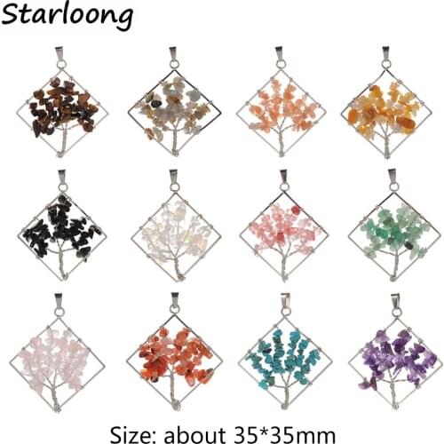 Tree of Life Handmade Wire Wrap Square Pendant Natural Stone Gem Gravel Pink Quartz Tiger Eye Green Aventurine Bead for Necklace