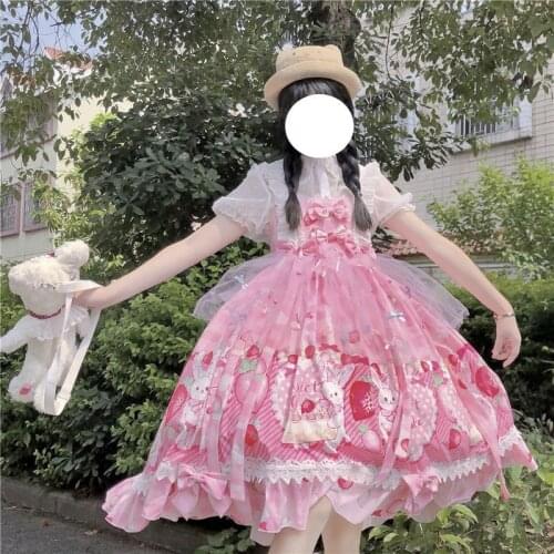 Kawaii Girl Lolita Summer Sweet Lace Bow Dress Female Japanese Cute Rabbit Sleeveless Sling Dress Princess Party Lolita Dresses