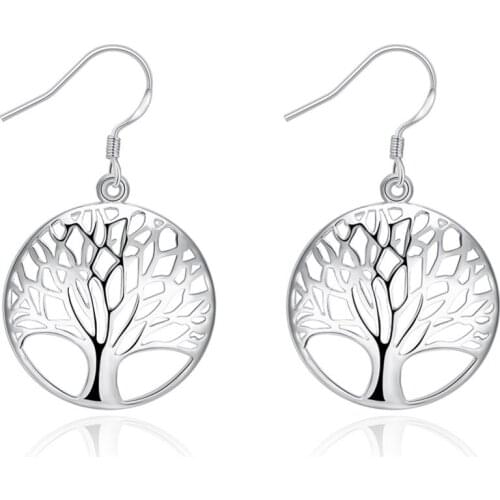 Fashion Vintage Queen Style Hollow Round Tree Dangle Ear Earrings 925 Sterling Silver Jewelry Women Weddinig Accessories