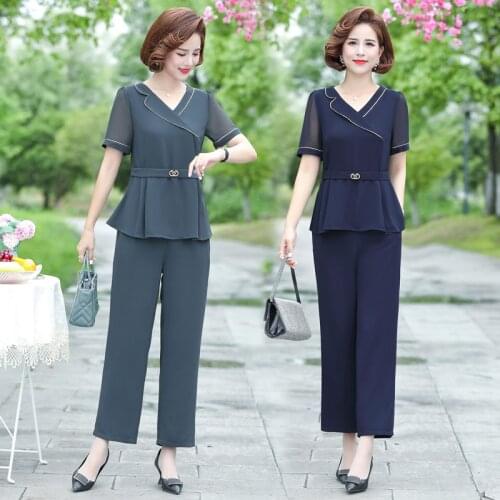 Fashion Two-piece Set lapel Short Sleeve Top Add Straight Nine Points Pants Suits Female 2021 Summer OL office Clothes