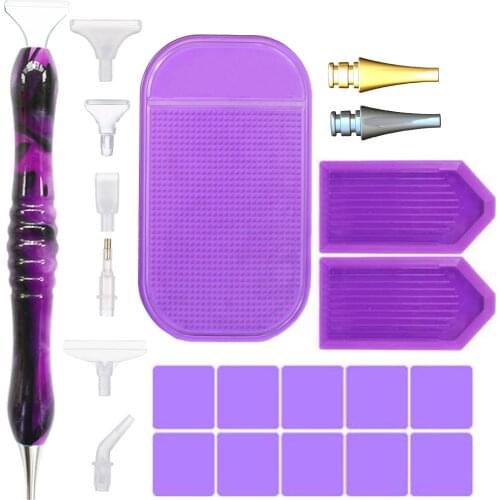 5D Diamond Painting Tools Resin Point Drill Pen And Metal Pen Heads,Tray,Clay,replaceable Pen Tips,Anti-slip Mat,Purple Set