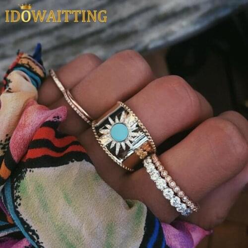 Micro pave cz starburst star signet vintage women lady finger ring jewelry fashion turquoises engagement big wide band cz rings