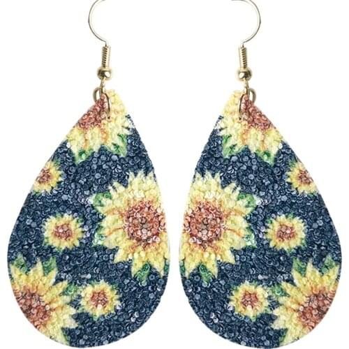 Sunflowers Glitter Leather Earrings for Women Teardrop Boho Western Style Vintage Jewelry Star Shape Handmade Dangle Earrings